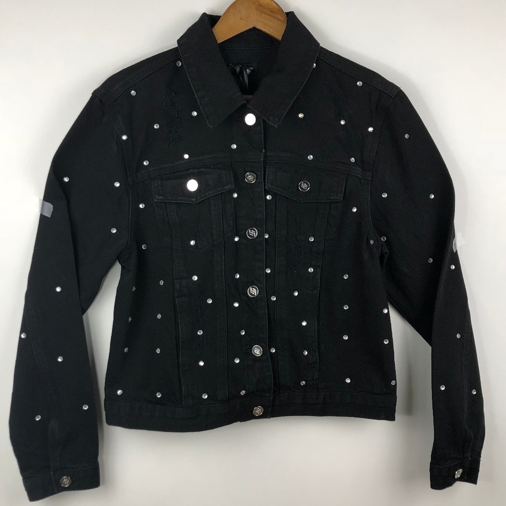 Distressed Jean Denim Embellished Trucker Jacket M
